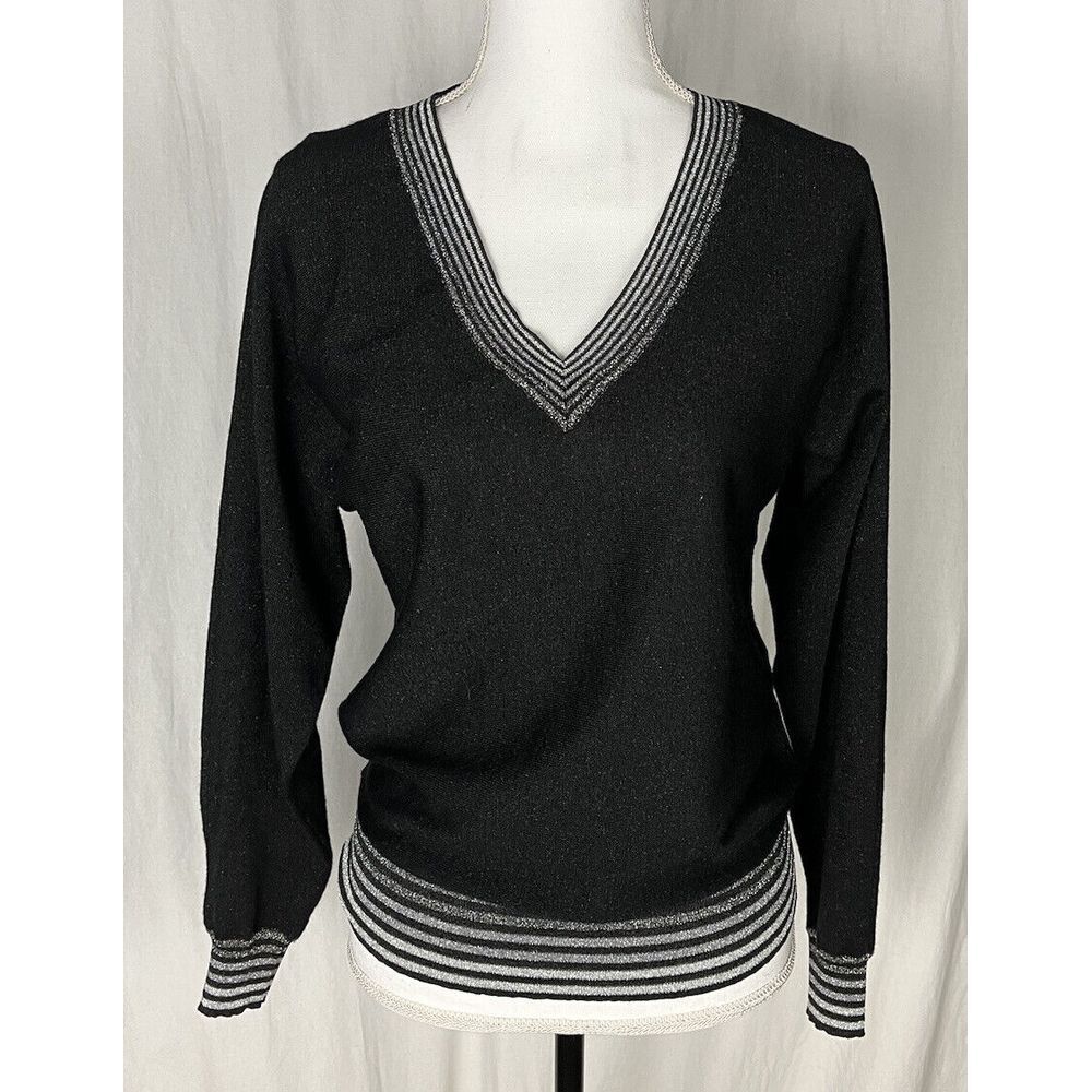 Trina Turk Sweater Women's Size S Black Knit Metallic Thread V Neck Long Sleeve